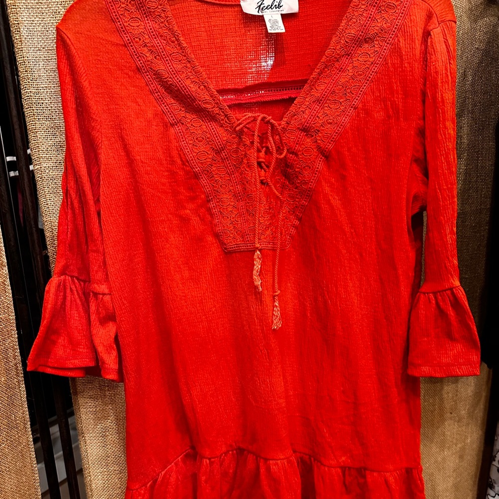 Feelib (Feel Liberated) Red/Orange Top Size Large 
Has super cuter details.